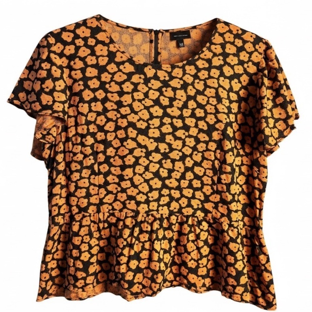Who What Wear Womens XXL Orange Black Floral Peplum Top Linen Blend Short Sleeve